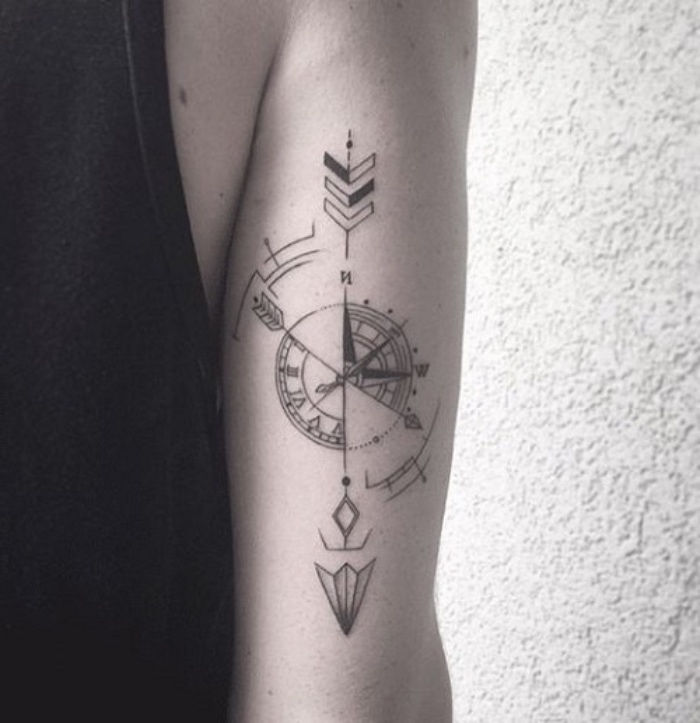 Ręka z czarnym tatuażem z czarnym kompasem steampunk z długą strzałką