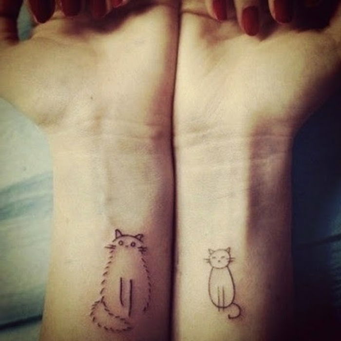 Iată două mâini și două tatuaje de pisici neagră pe încheietura mâinii