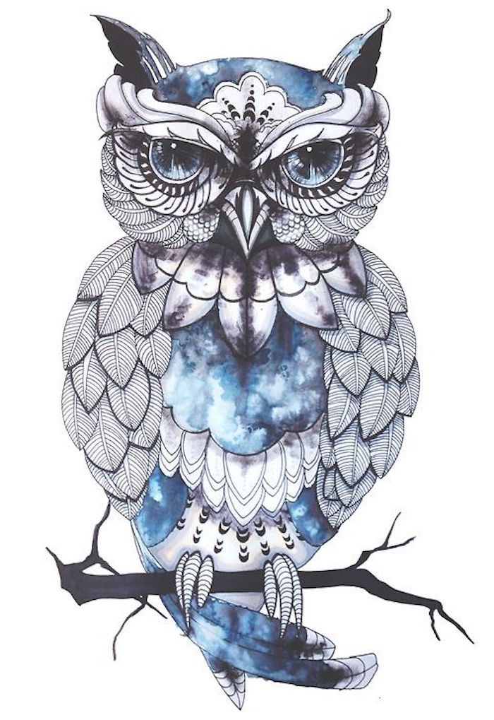aceasta este o bufnita albastra cu ochi albaștri - idee pentru un tatuaj de owl