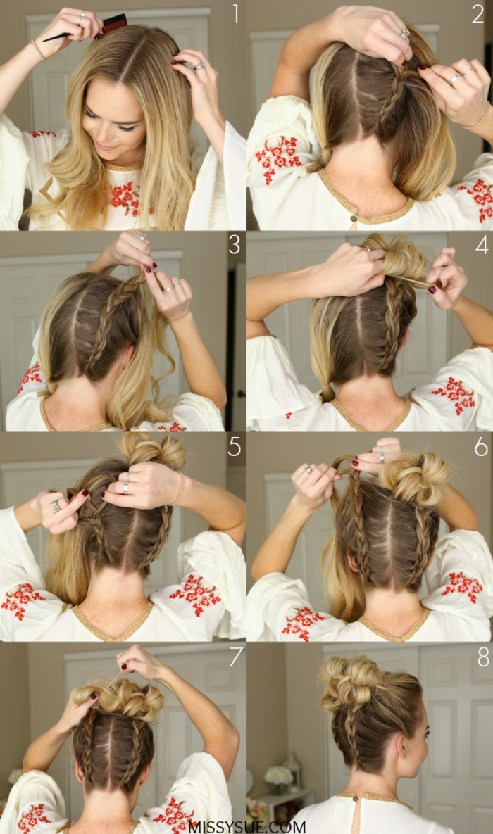 Coafura Dutt cu două pigtail-uri face-te, instrucțiuni în imagini, updo pentru păr lung, făcute ușor