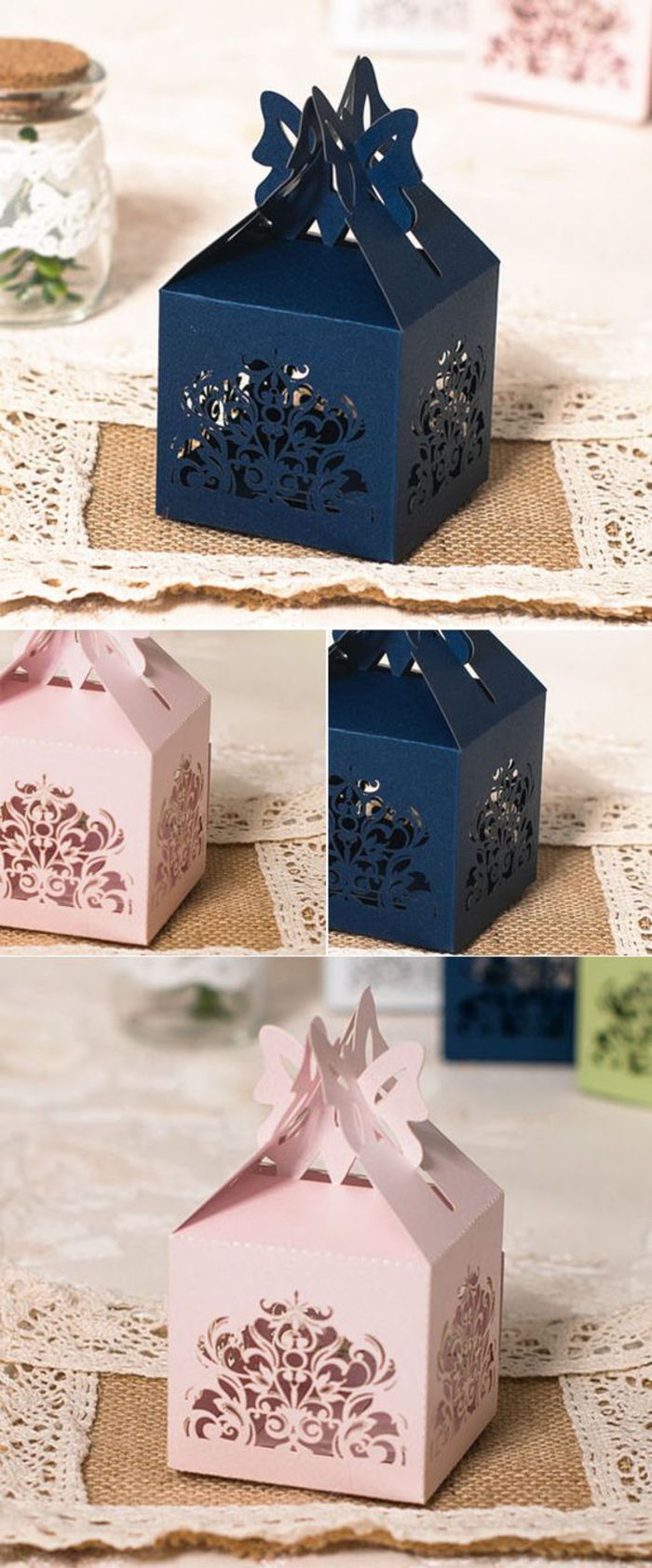niebieskie i różowe pudełka składane, prezenty dla gości, słodycze, wesele