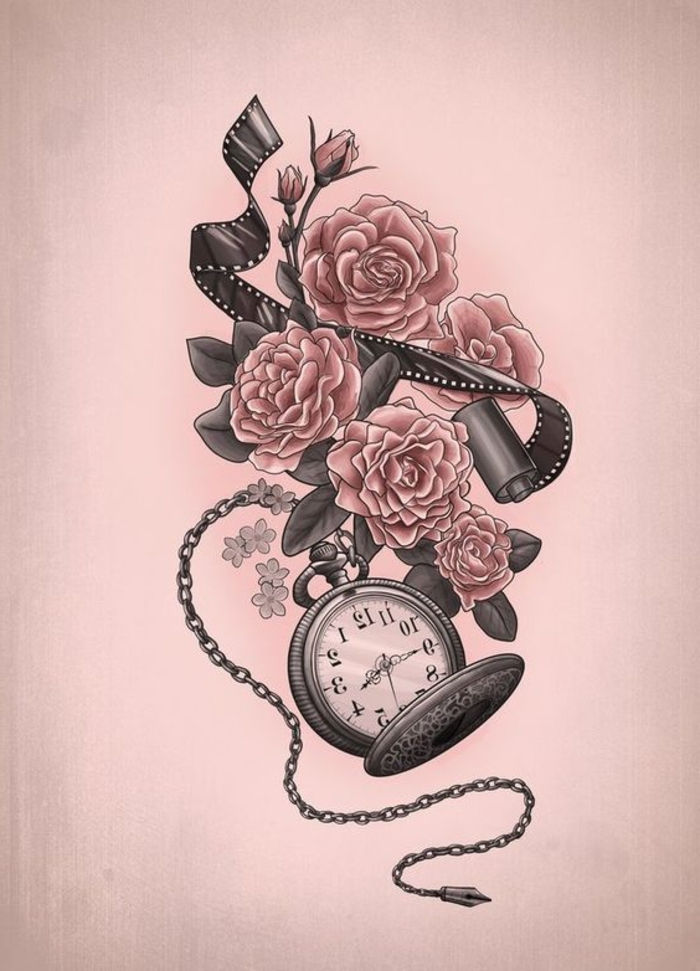 szablon tatuaży róż - oto zegar i kilka dużych róż z szarymi liśćmi