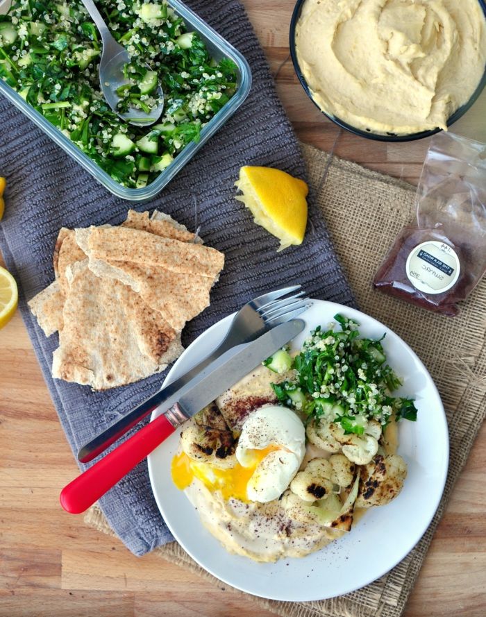 fargerik borddesign kikærter grønn salat egg brød gaffel og kniv sitron