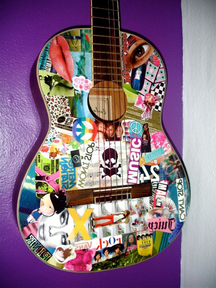 Idee voor een servettentechniek voor de fittare - een geplakte gitaart met verschillende motieven