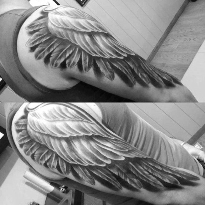tu je še ena ideja za odlično tetovažo angelov za moške - tu so roke z velikimi tetovažami črnega angelskega krila