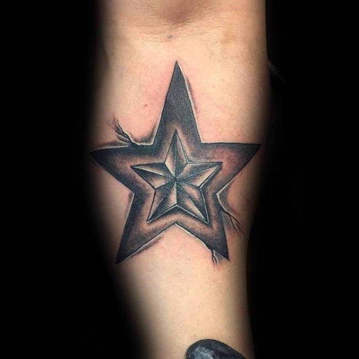 Hand met een zwarte tatoeage met een kleine ster en een grote zwarte ster