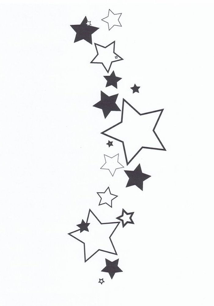 Ide for en liten tatovering med store og små svart og hvite stjerner
