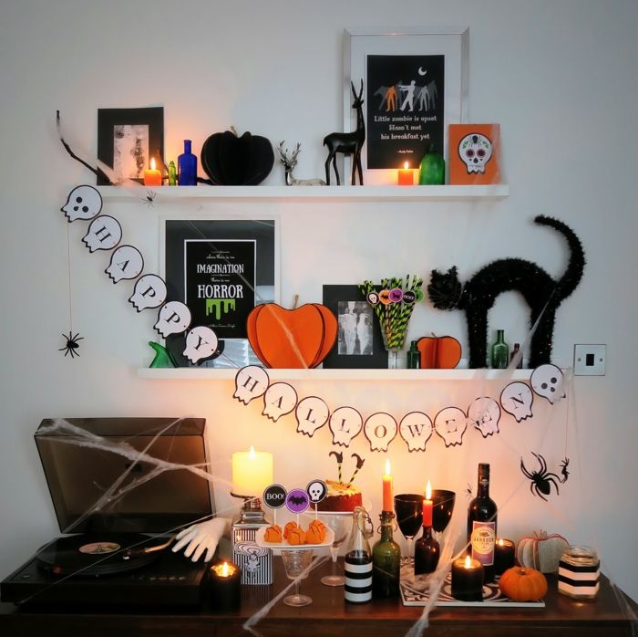 Halloween dekoravimo idėjos, Happy Halloween girlianda, popieriniai moliūgai, raganos katė ir kaukolė