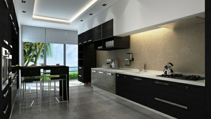 Modern-mutfak-tasarım-dolaylı ışık odalı tavan liderliğindeki
