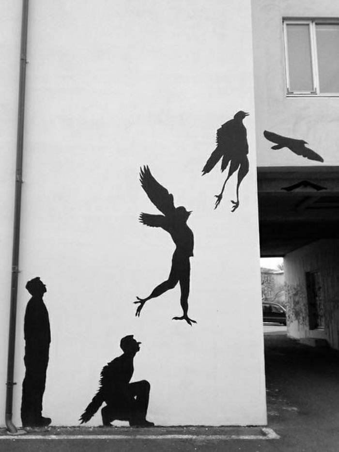 intressant graffiti svart-humant fågel-fas