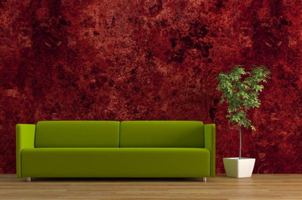 intressant väggdesign-mörk-röd- och en soffa i grön