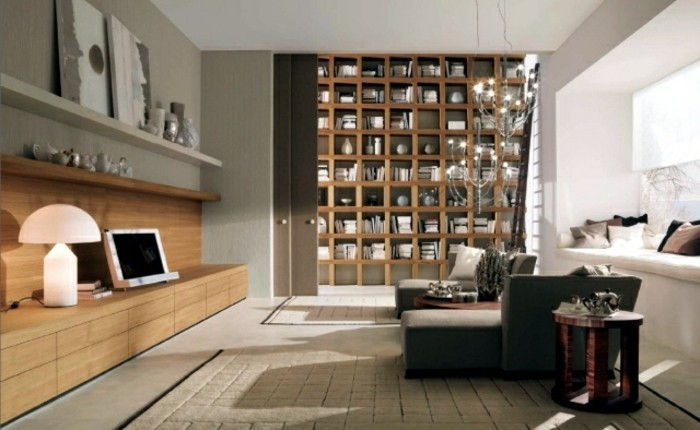 intressant vardagsrum-beige-stor-accent vägg moderna möbler