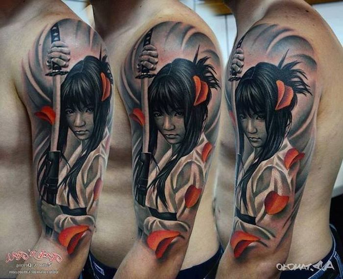 krigare tatuering, övre arm tatuering, övre arm tatuering, kvinna, röd rosenblad