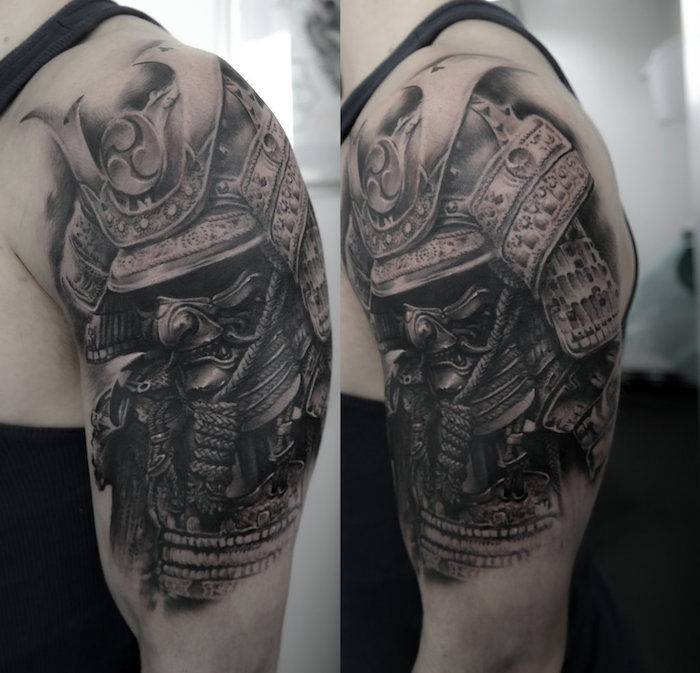 tatuagem de guerreiro, homem, máscara, capacete, tatuagem de braço superior, tatuagem