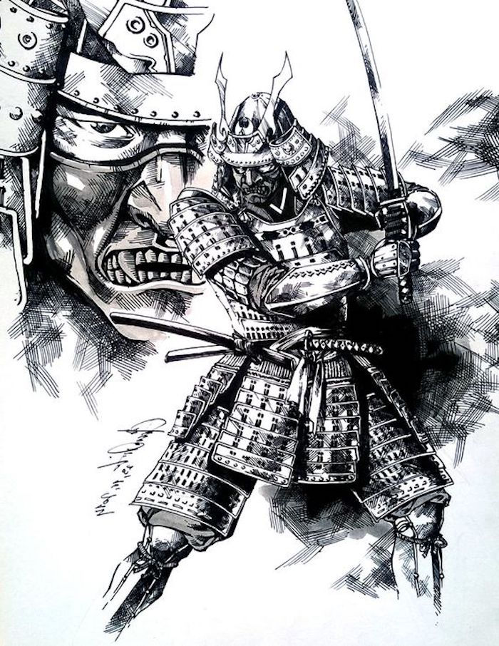 kario tatuiruotės šablonas, juodos ir baltos spalvos piešinys, samurajus