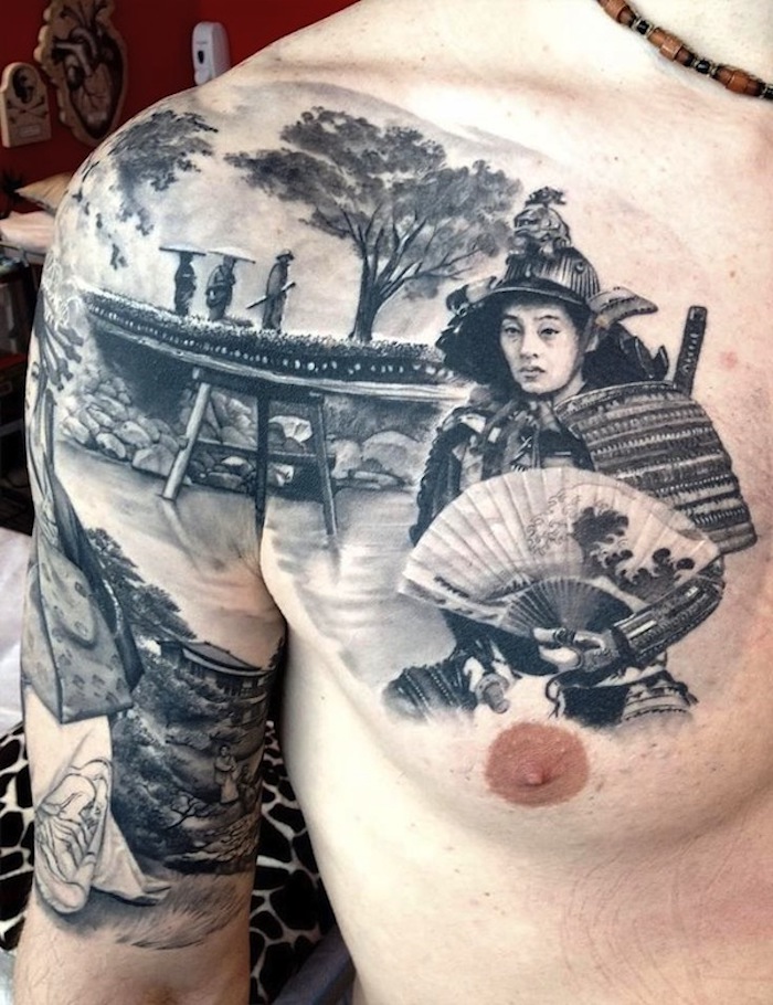 krigare tatuering, japanska tatuering, man, flod, arm och bröst tatuering