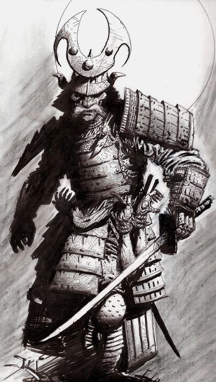 războinic japonez, desen alb-negru, cască, katana, echipament
