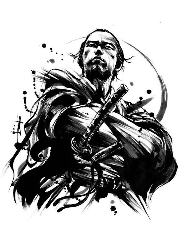 japonský bojovník, čierna a biela kresba, človek, katana, samurajský meč