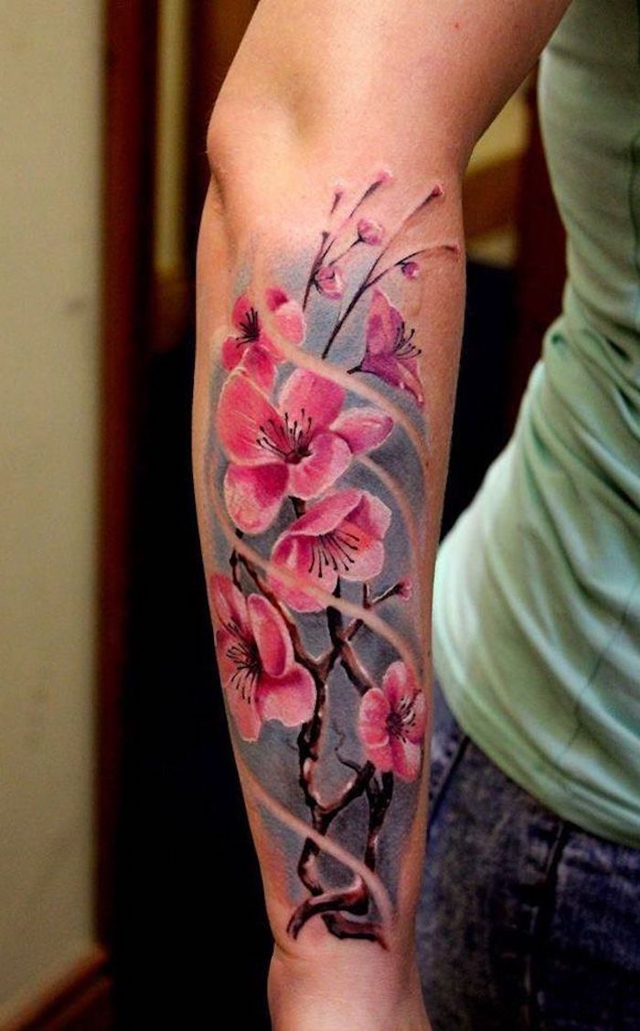 tatuaje semnificative, femeie cu tatuaj colorat cu motive japoneze pe antebrațul ei