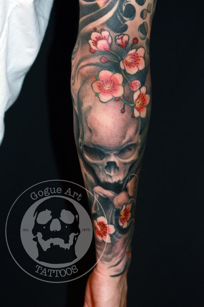 Tatuaje japoneze, cranii în negru și gri, în combinație cu flori de cireș roz