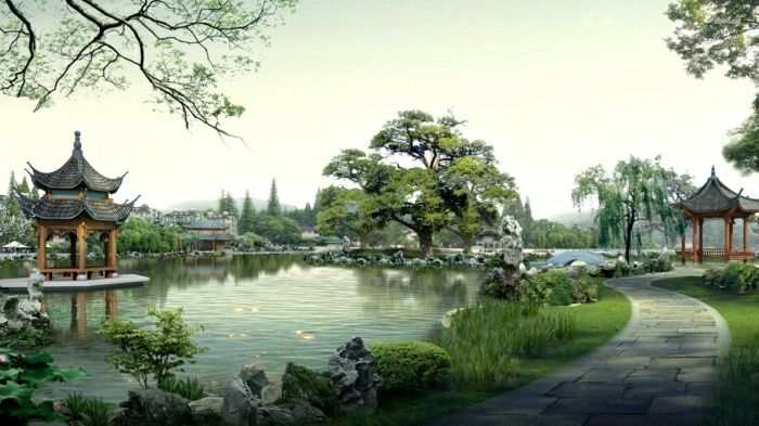 Japansk hage-zen-atmosfære-flott utsikt-tradisjonelle hus Lake