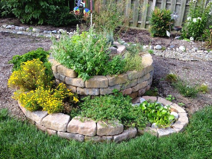 aici este o idee pentru o spirală pe bază de plante cu pietre și plante verzi diferite