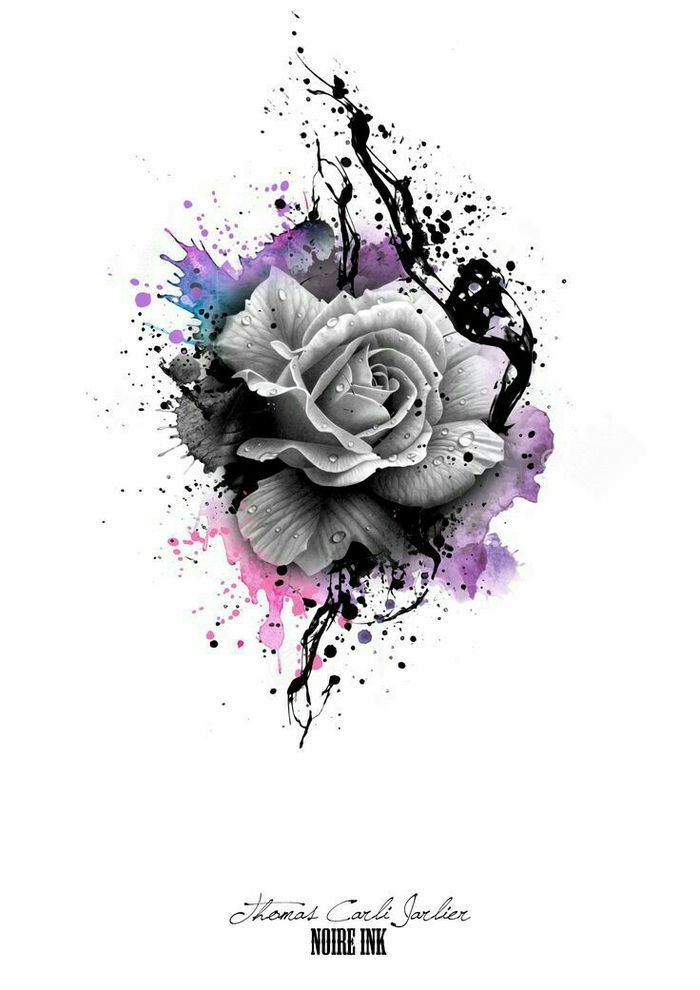 siva vrtnica in barvita barva - roza tattoo predlogo - ideja za tetovažo za ženske