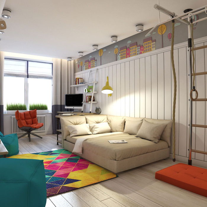 jaunimo kambario idėjos didelė sofa, kuri yra naudojama kaip lovos spalvinga kiliminė žalia išmatose idėjos lempos dekoro