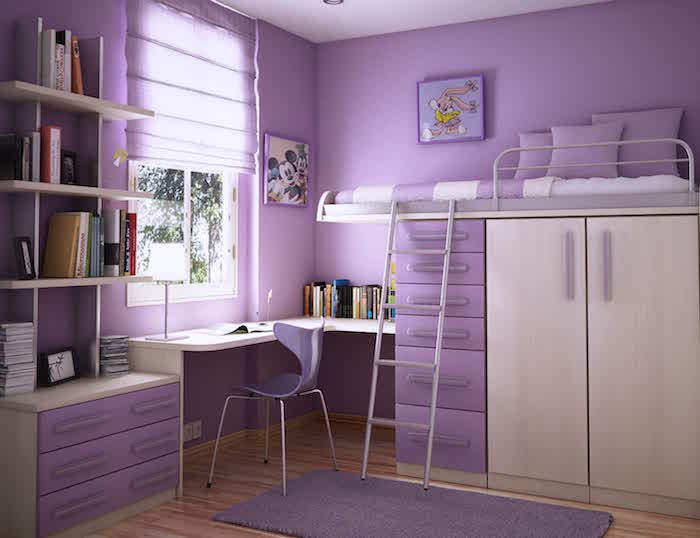 tiener kamer in paars en beige liefde kleuren voor de kinderkamer van een tiener meisje loft bed bureau laden kast planken venster