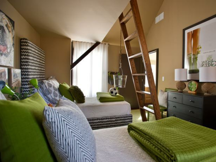 dormitor tineret culoare paturi-in-verde-perete de culoare-latte macchiato-