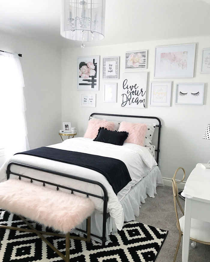 spalnica pohištvo set ideje v beli, črni in svetlo rožnate postelja projektiranje sanje preprogo na tleh v odtenkih črne in bele z vzorcem wanddeko