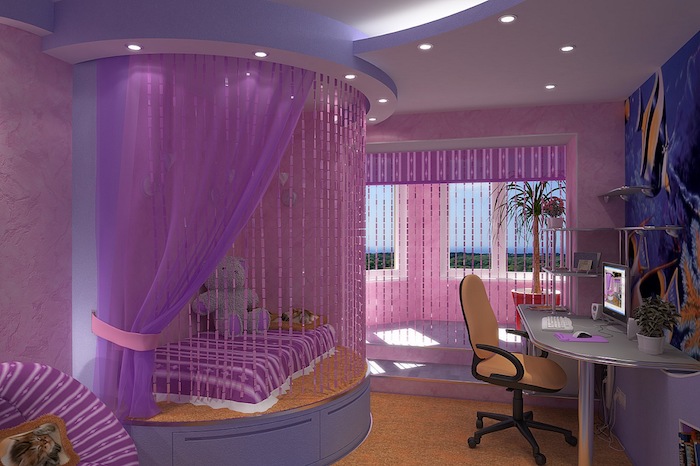 jaunimo kambario vėsioje mados purpurinio aukščio, kur lova yra užuolaidos kūrybinės idėjos desk su kėdės subtilaus apšvietimo