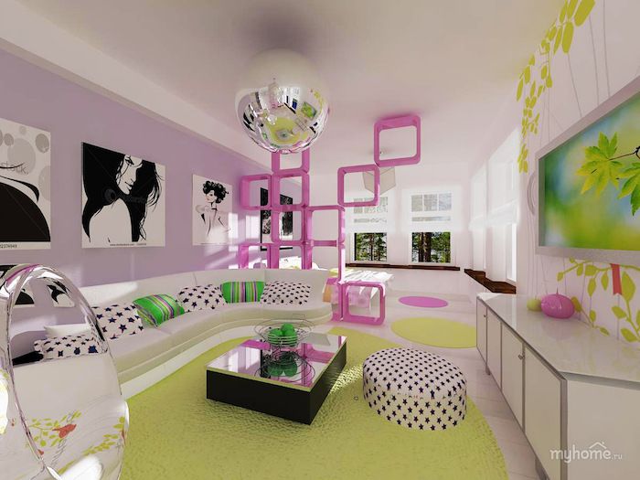 ungdomsrom satte opp vakre møbler og kreative ideer romdeler i rosa veggmalerier kvinner designer ideer discoball lampe