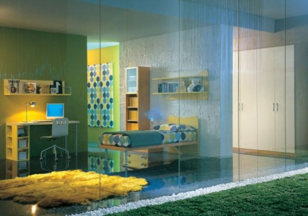 jugenzimmer-furnish-blå-og-gul-moderne møbler, grønn vegg