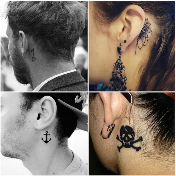 Mladenič z majhno črno tetovažo z notami, ki je razbijala uho - Ženska z tetovažo lobanje - Človek s sidriščem za ušesom