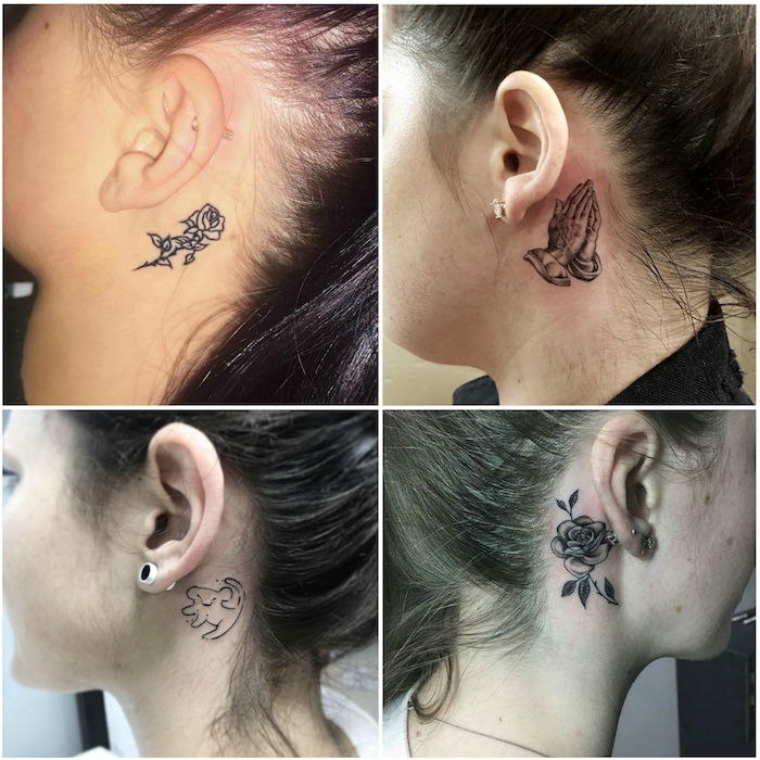 Štiri slike s štirimi mladimi ženskami z majhno črno tetovažo s črno rožo, levom in črno pletno ptico