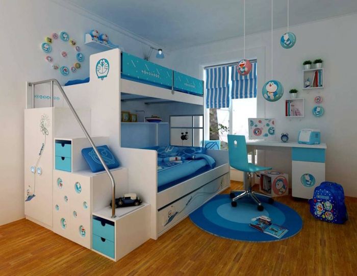 camera de copii înființat idei în albastru și alb parchet podea albastru covoare baloane dulapuri