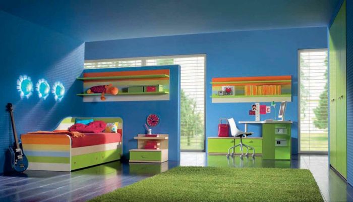 idei de pepinieră în albastru și verde chitara pat colorat, ca pe birou de dormit curcubeu