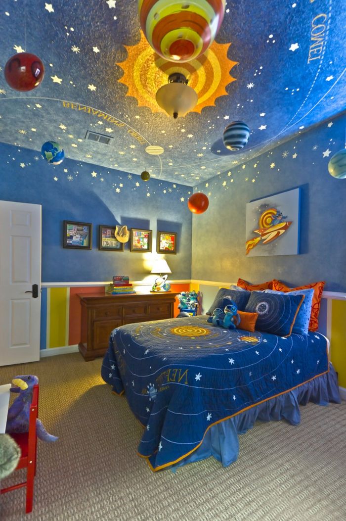 detské izbové nápady vesmír v miestnosti mladých módnych postelí a steny krásna mozgová príhoda