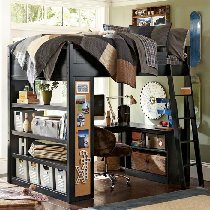 idei de cameră pentru copii creativ design cameră de înaltă pat și birou sub pat bibliotecă