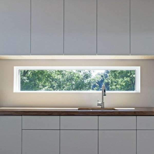 Bucătărie cu fereastră lungă deasupra chiuvetei