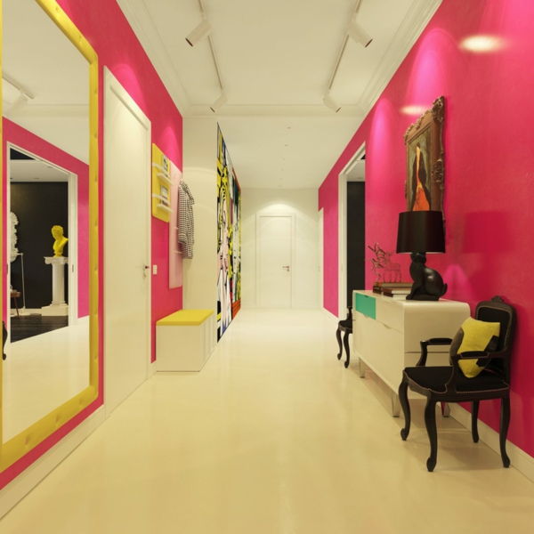 Dekorera korridoren med vit och rosa - ljus nyans