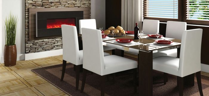 Yapay-şömine-modern yemek odası-ile-beyaz-sandalye