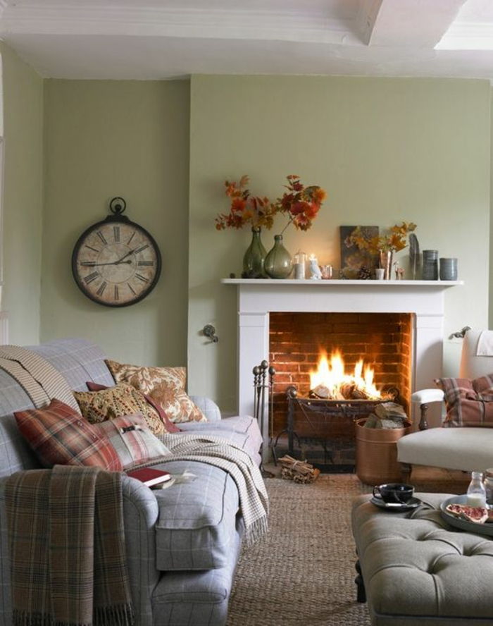 lareira de tijolos-lareira Regal-cinzento-padrão sofá tapete-padrão acessórios pillow-relógio de parede-xxl-lareira