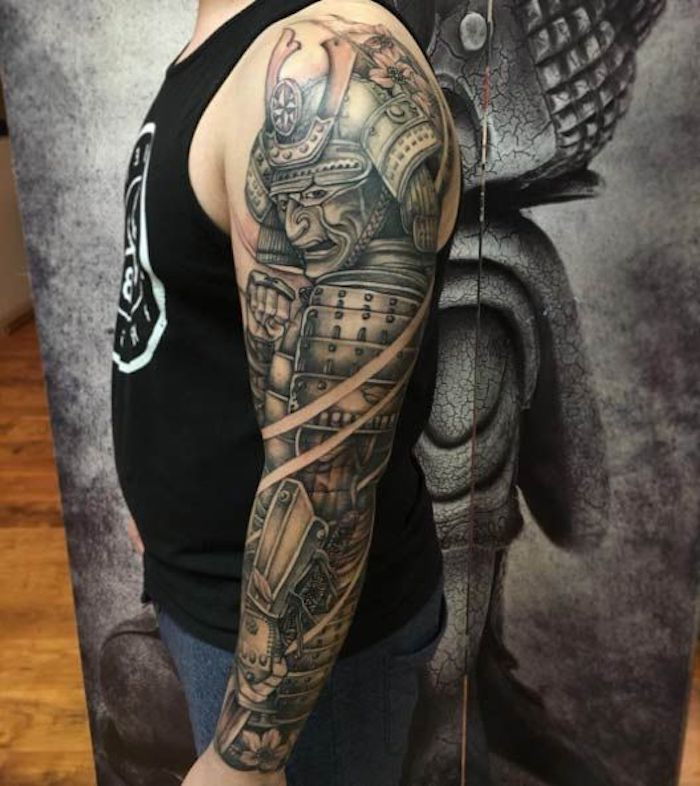 Japonský bojovník, rameno tetovanie, rukáv, tetovanie rukáv, japonské tetovanie