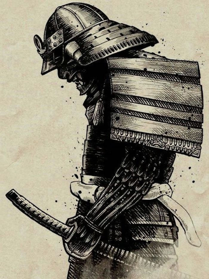 japonez războinic, desen alb-negru, șablon de tatuaj, katana, cască, echipament