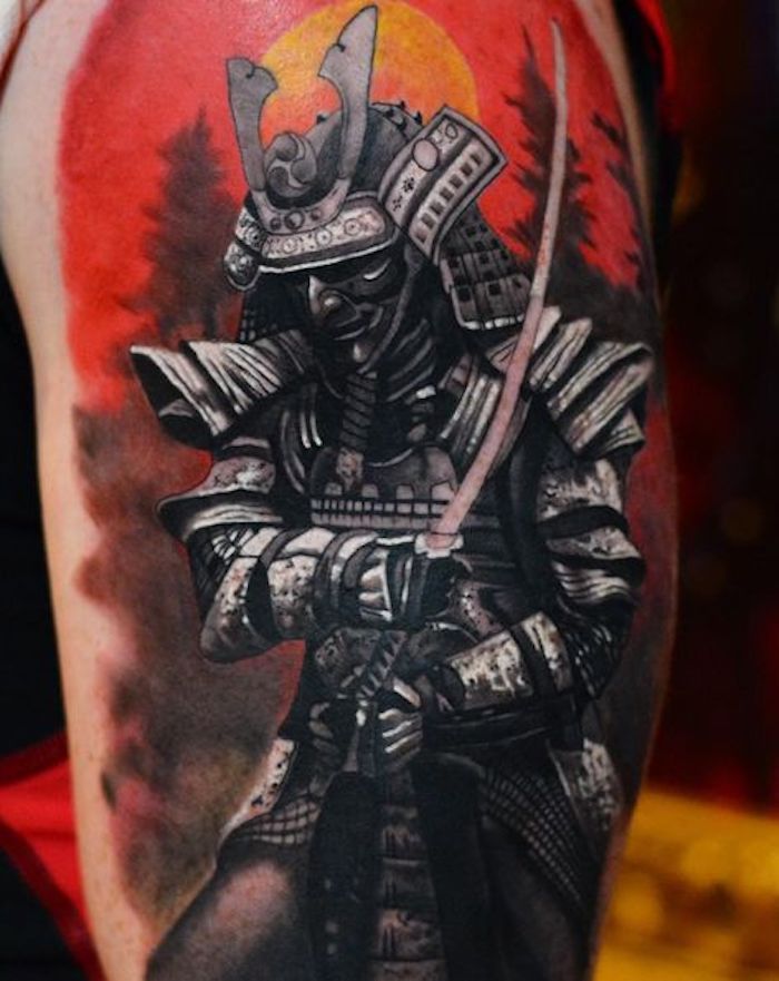 guerreiro japonês, sol, máscara, capacete, tatuagem japonesa