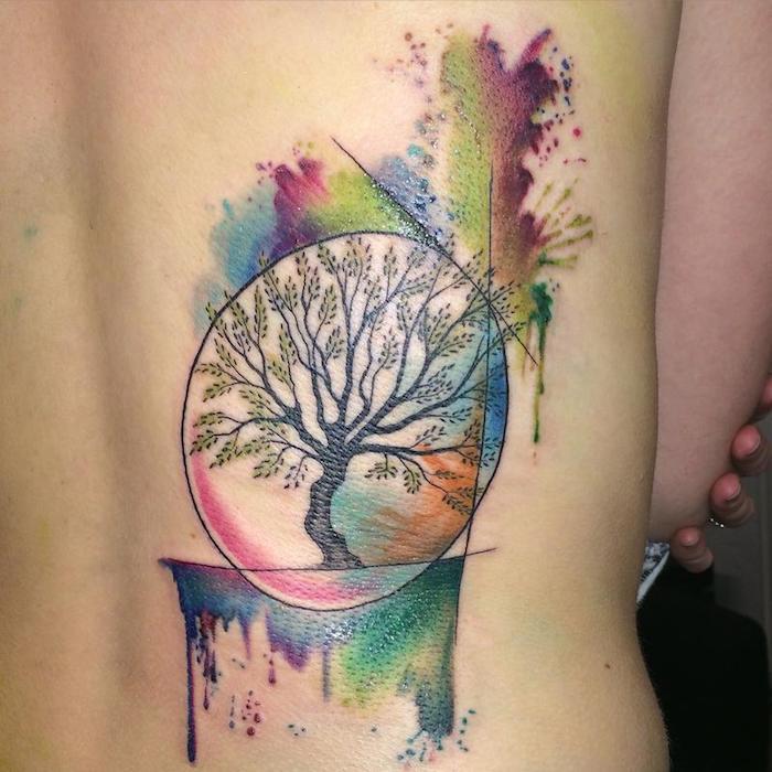un tatuaj de acuarelă cu un model geometric în arborele de tatuaj al vieții