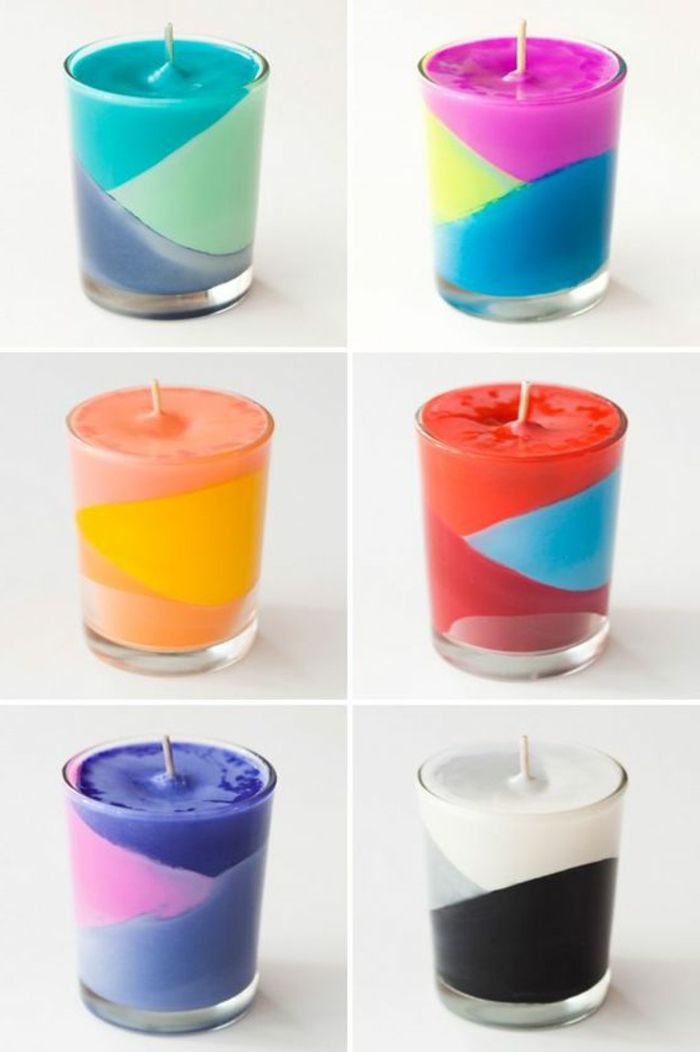 spalvingos žvakės su žvakidžių ir pastelinių kreidelių geometrinėmis figūromis