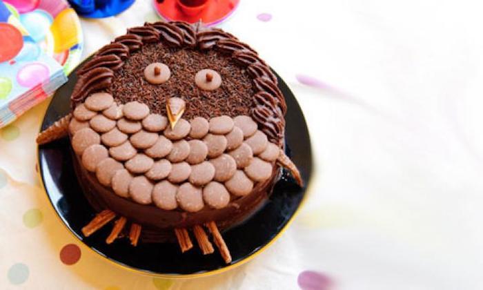 torta per bambini, torta di compleanno gufo con cioccolato e biscotti
